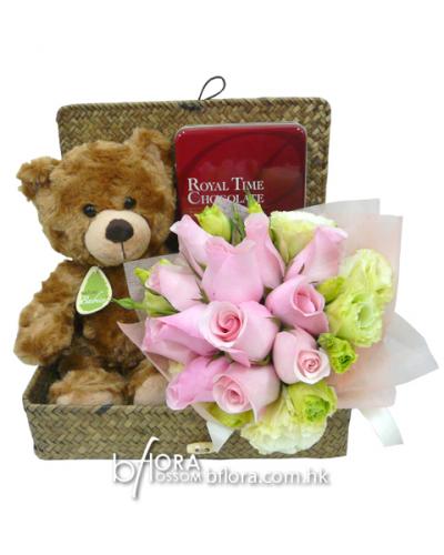 Baby Pink Rose with Bear & Chocolate