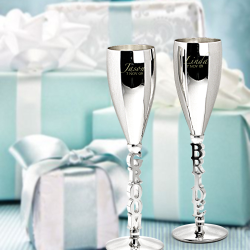 Bride & Groom 結婚香檳杯套裝 (包鐳射刻字）
